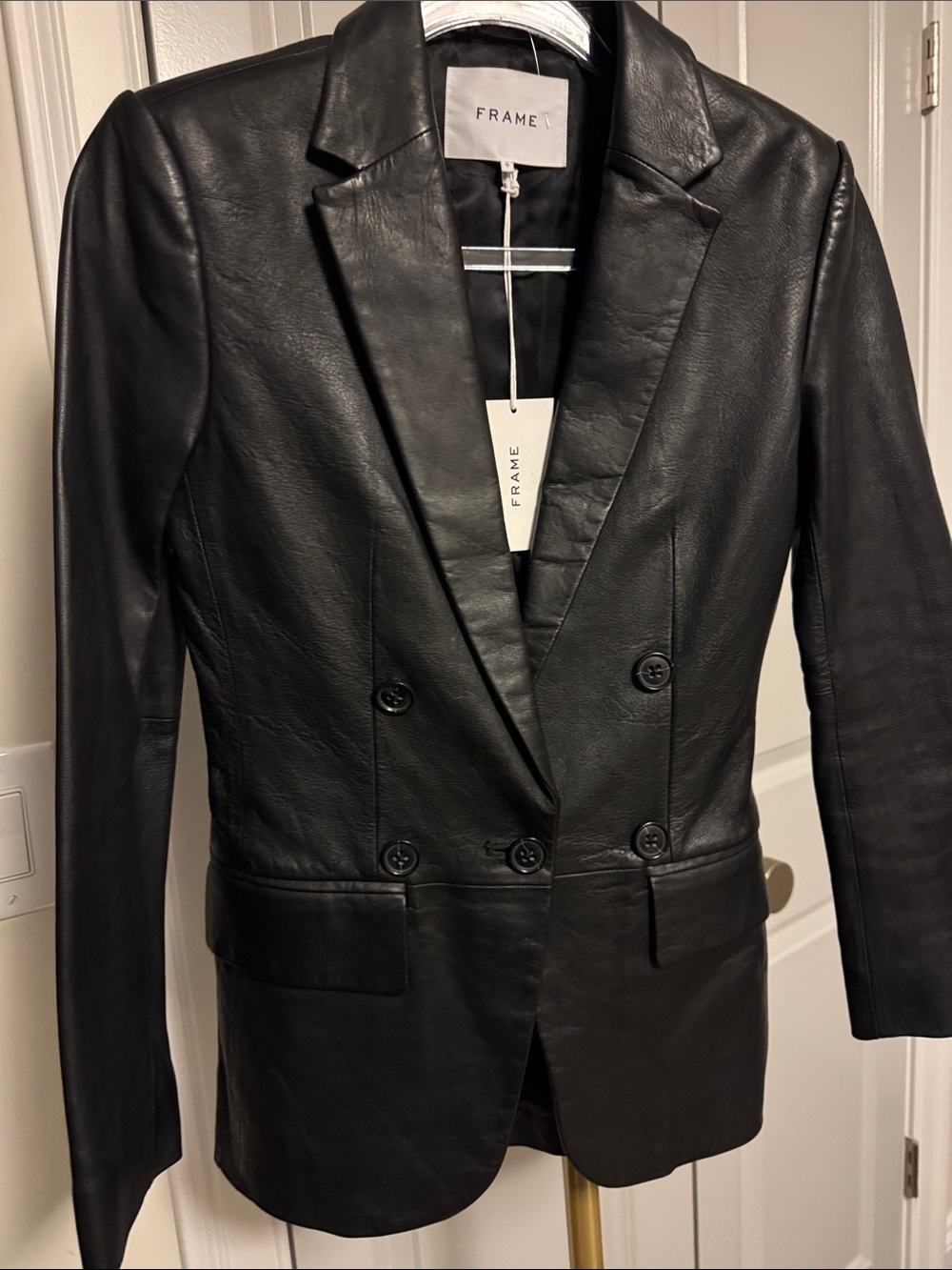Frame Denim Black Leather Double-Breasted Blazer